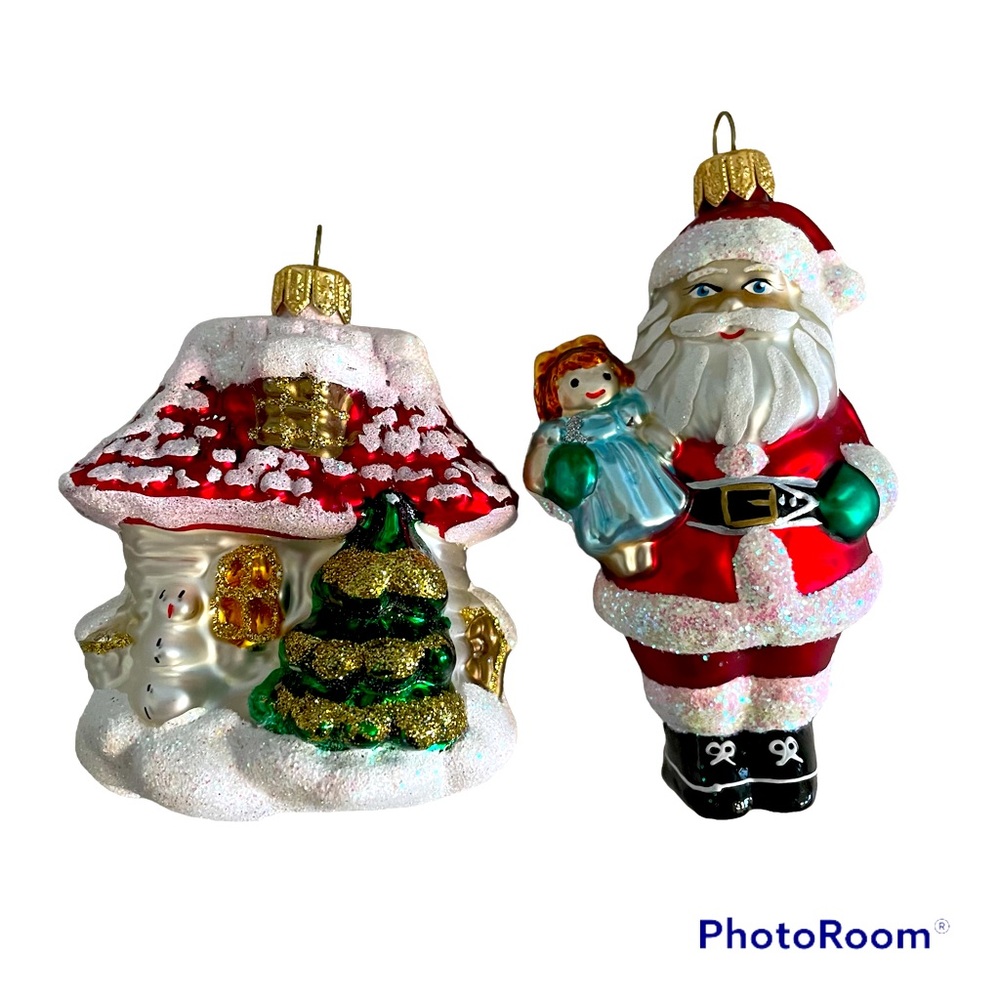 Christmas ornaments Hand Blown Santa and Little Village House Covered with Snow